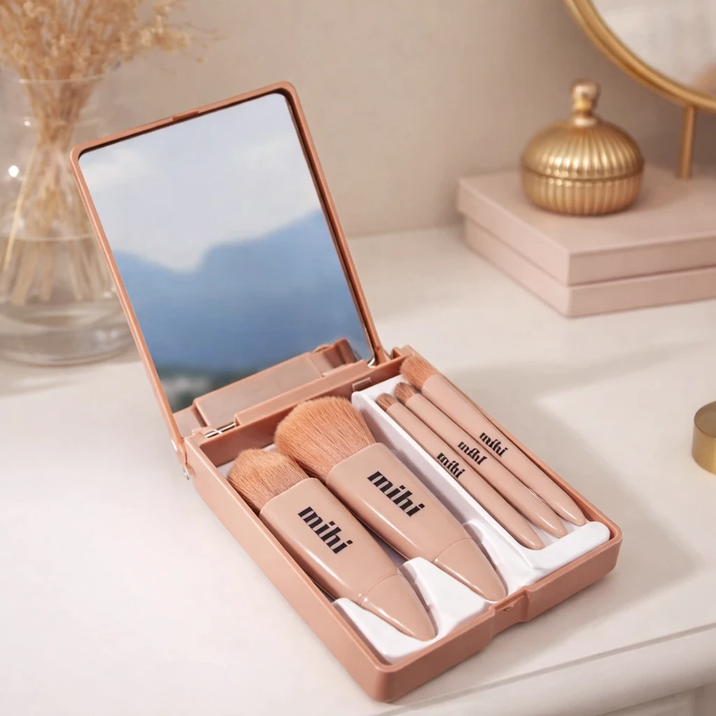 Set de brochas de maquillaje compacto con estuche y espejo
